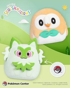 Sprigatito and Rowlet Squishmallows with the exclusive Pokémon Center patch available now at the official Pokémon Center